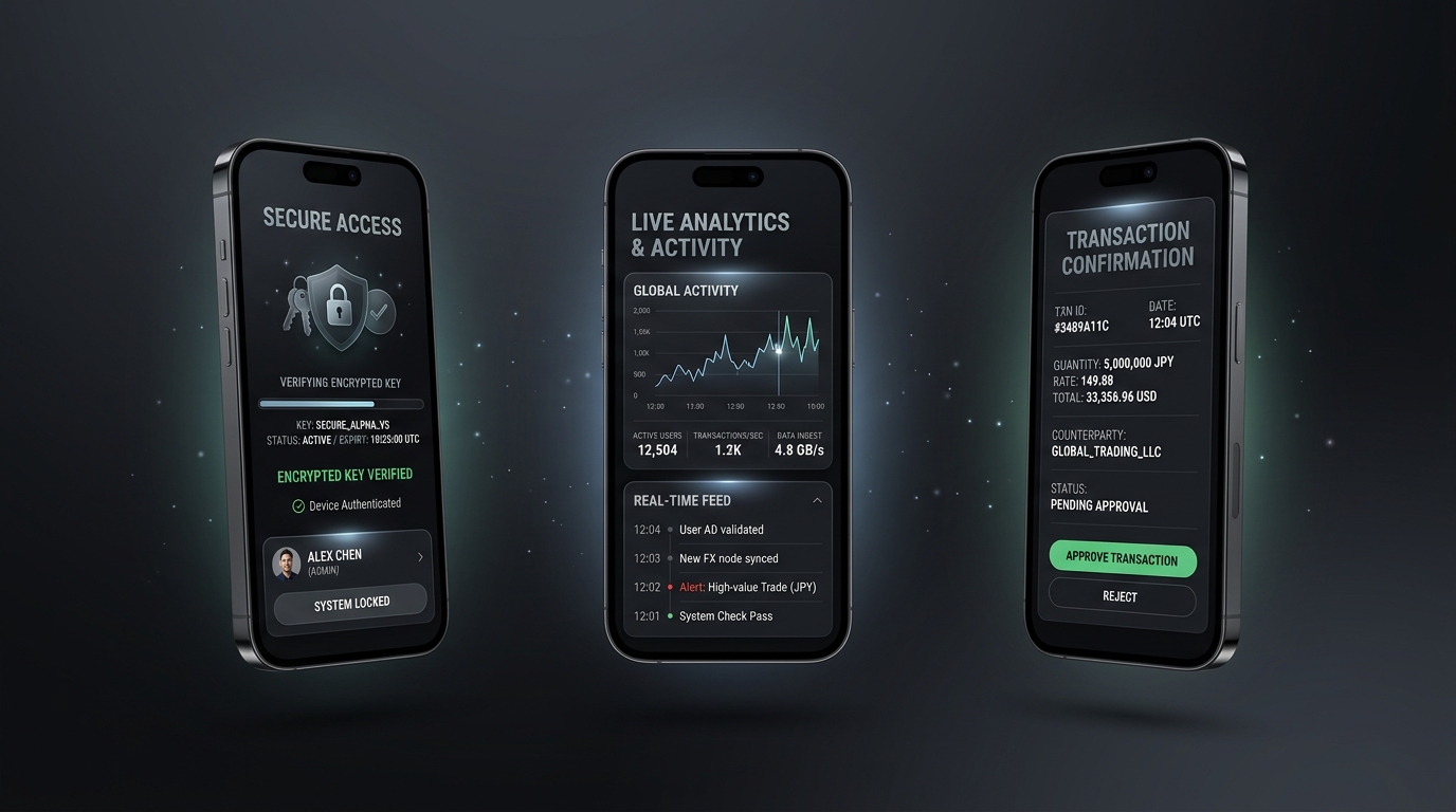 Key interaction screens: Security verification and live analytics